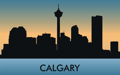 Obraz premium Galgary. The city skyline. Silhouettes of buildings. The sunset of the day. Vector on a blue background
