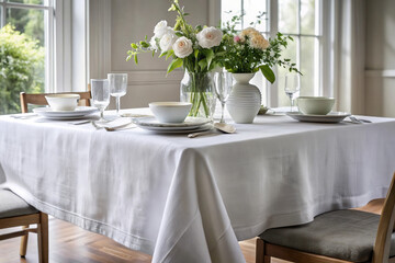 Serene Dining: Pristine white tablecloth adorns a table set for a meal, sunlight streaming in, exuding elegance and simplicity.