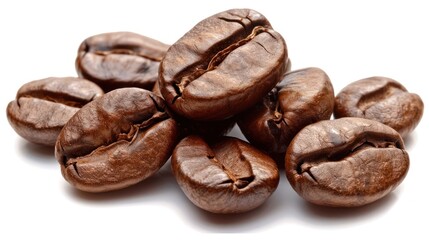 The image displays a close-up of several roasted coffee beans with a rich brown color, indicative of a medium to dark roast level.