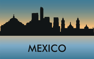 Naklejka premium Mexico. The city skyline. Silhouettes of buildings. The sunset of the day. Vector on a blue background