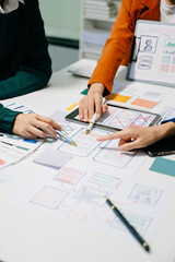  UX developer and ui designer brainstorming about mobile app interface wireframe design with...