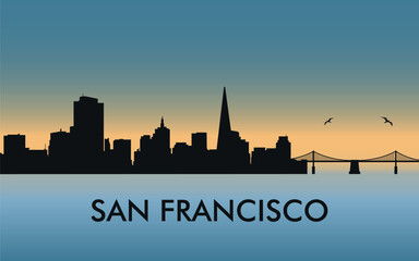 Obraz premium San Francisco. The city skyline. Silhouettes of buildings. The sunset of the day. Vector on a blue background 