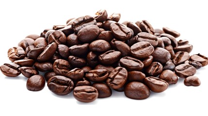 Fototapeta premium A pile of roasted coffee beans isolated on a white background, showcasing their glossy texture and rich, dark color indicative of their flavor potential.