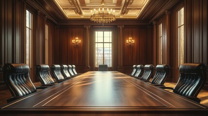 The interior of a government boardroom with a large conference table, high-back chairs,