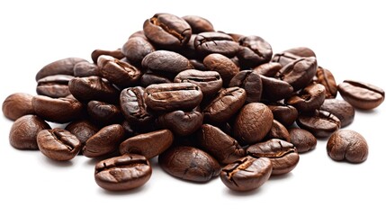 Obraz premium A pile of roasted coffee beans isolated on a white background, representing a fresh ingredient for making a flavorful cup of coffee.