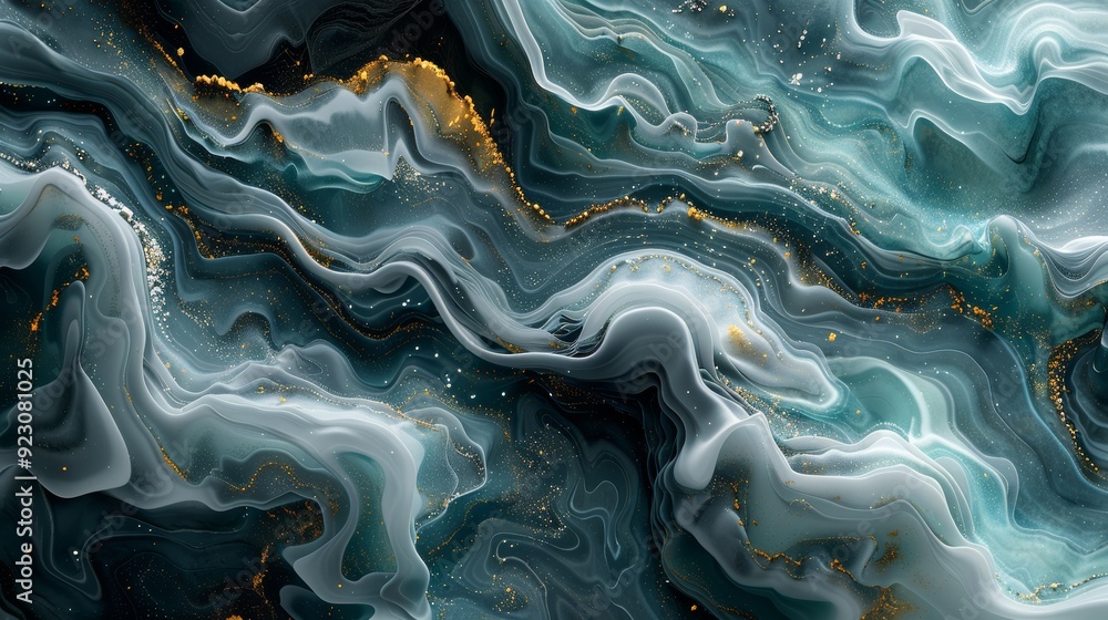 Poster abstract swirling patterns in teal and gold tones create a mesmerizing effect in a fluid art composi