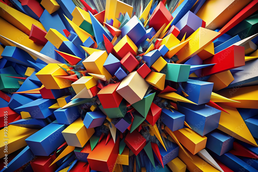 Aufkleber geometric burst: a vibrant explosion of colorful cubes and triangles, forming a dynamic and abstract