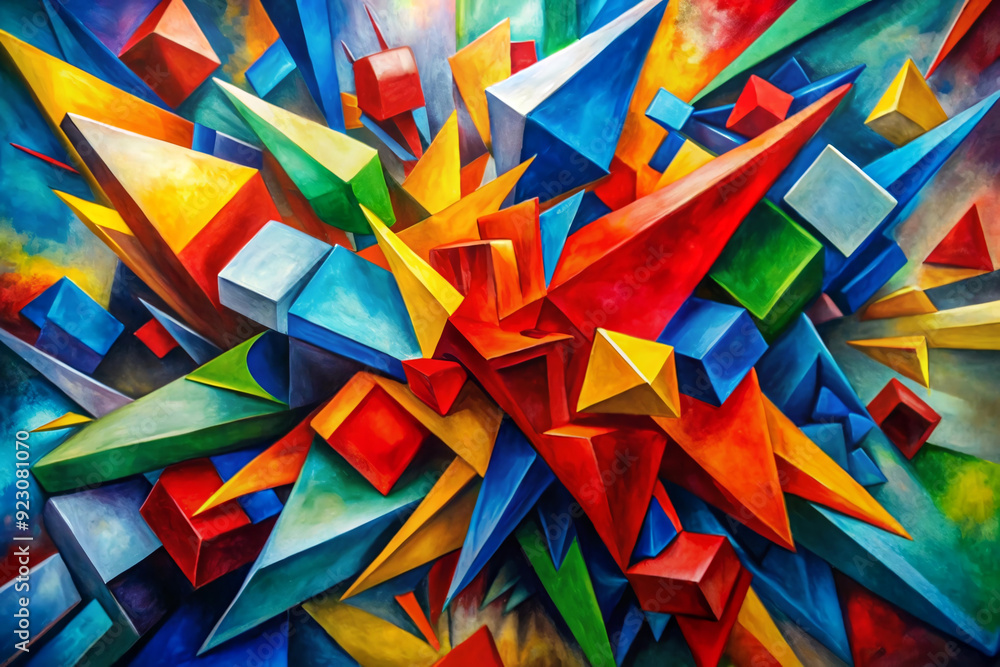 Poster geometric burst: a vibrant explosion of colorful cubes and triangles, forming a dynamic and abstract