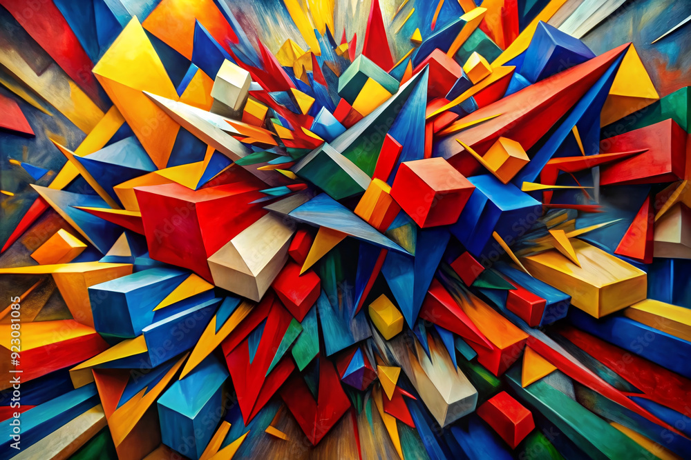 Poster geometric burst: a vibrant explosion of colorful cubes and triangles, forming a dynamic and abstract