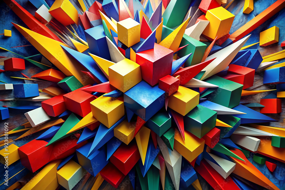 Poster geometric burst: a vibrant explosion of colorful cubes and triangles, forming a dynamic and abstract