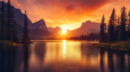 Majestic Mountain Sunrise Over Tranquil Lake - A stunning sunrise illuminates the mountains and reflects on a calm lake, creating a peaceful and vibrant natural scene.