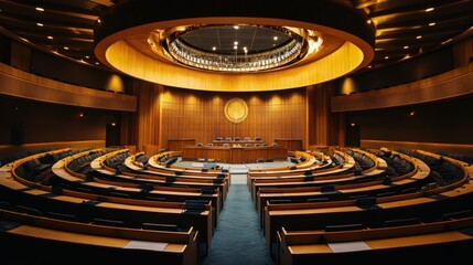 The interior of a legislative assembly hall with rows of seats, a central podium,