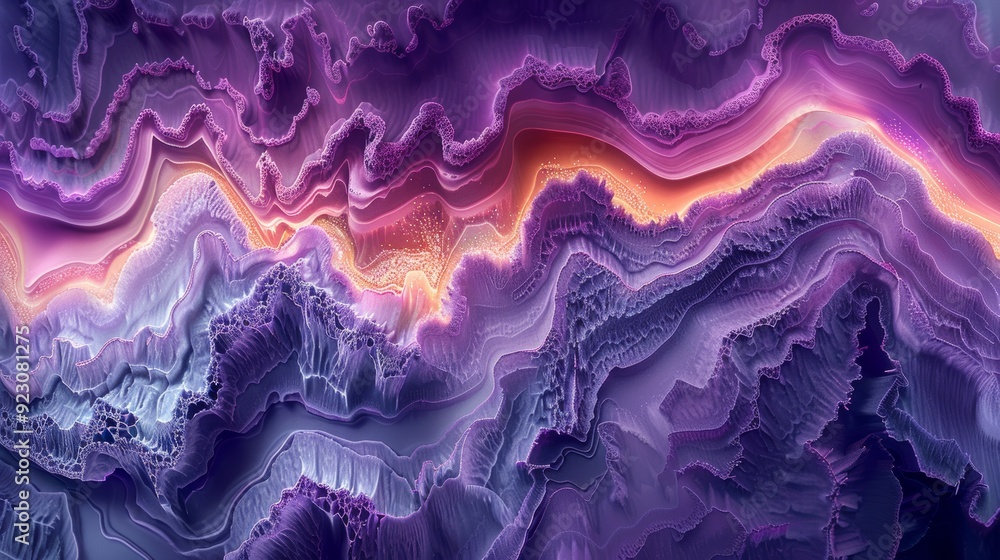 Poster abstract purple and orange agate pattern with smooth, flowing lines and layered textures in a jewel-