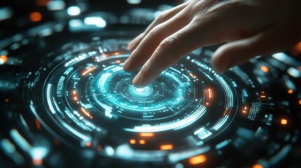 Hand of businessman touching glowing futuristic circular hologram screen with hi-tech artificial intelligence AI interface platform button