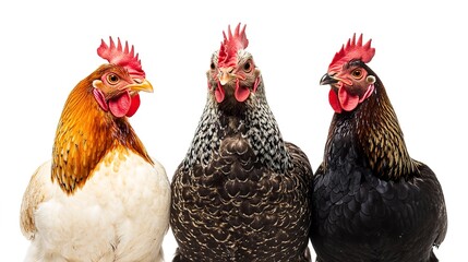 Naklejka premium A group of three hens standing side by side, isolated on a white background.