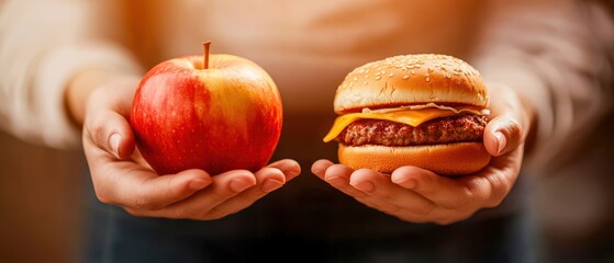 A person s hands holding an apple and a hamburger, showcasing the contrast between healthy eating and junk food habits