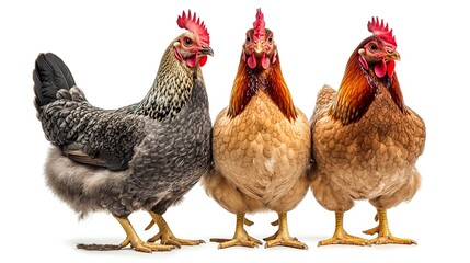 Fototapeta premium A group of three hens standing side by side, isolated on a white background.