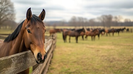 Obraz premium A close-up shot of rows of horses in a farm field behind a wooden fence.