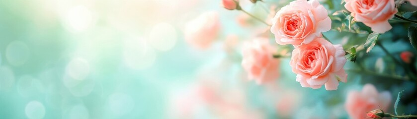 Vintage fantasy background with soft coral and mint roses, an ethereal spring atmosphere