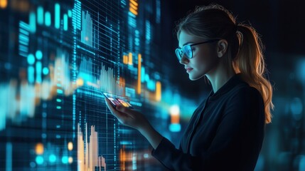 Businesswoman holding futuristic tablet at hi-tech glowing hologram candle charts graphs business data analysis in dark room Caucasian female in suit eyeglasses