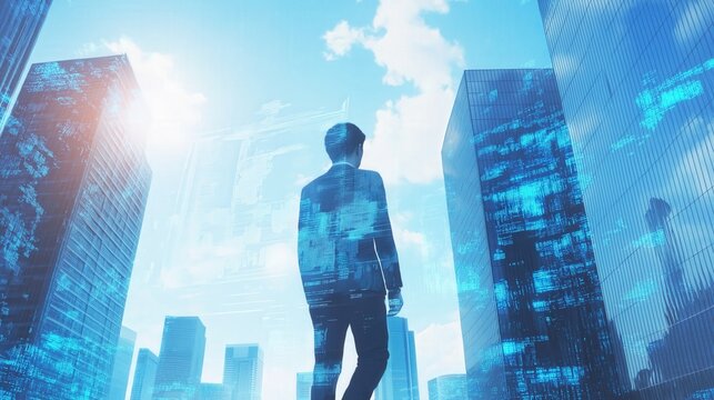 Reflection of mirror businessman walking in city street with digital business data hologram and cityscape skyscrapers white clouds blue sky background - Powered by Adobe