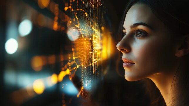 Businesswoman looking at stream of glowing data hi-tech hologram business analysis technology in dark room Caucasian female side face