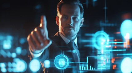 Businessman pointing at futuristic screen with hi-tech glowing hologram charts graphs business data in dark room Caucasian male in suit