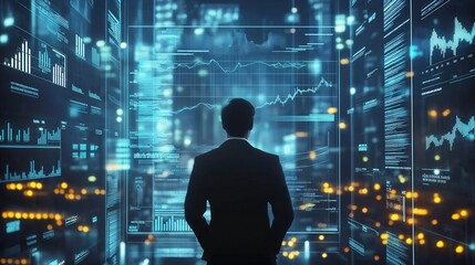 Fototapeta premium Businessman looking at futuristic screen with glowing hologram charts graphs massive amount of business data in dark room Caucasian male in suit