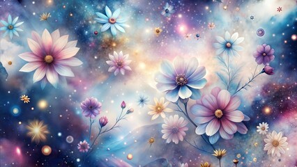 Cosmic Bloom: A watercolor dreamscape where delicate flowers dance amidst a swirling nebula of vibrant colors, capturing a sense of wonder and enchantment.