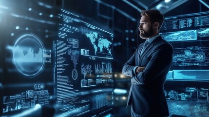 Businessman looking at futuristic screen with hologram world map big data in dark control room Caucasian male in suit