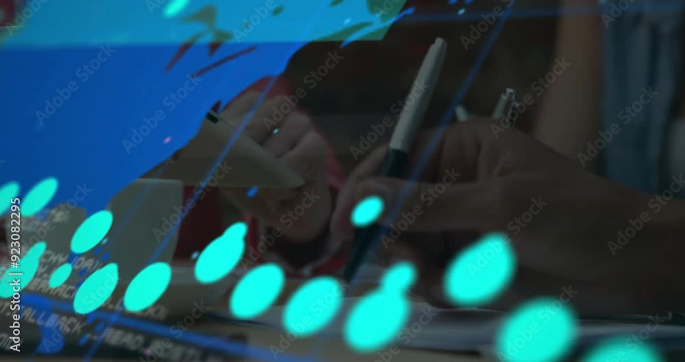 Poster writing with pen, hands over glowing dots and lines animation