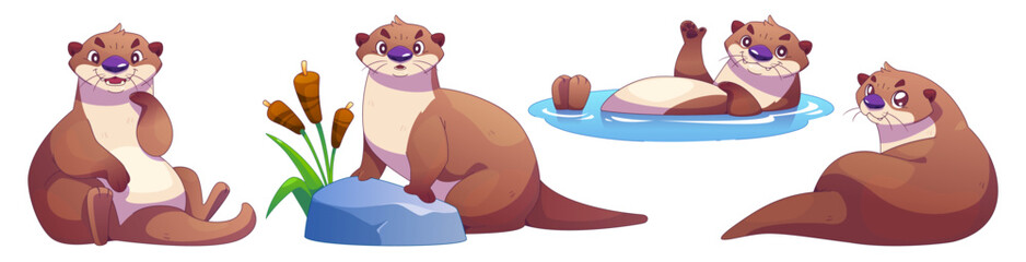 Funny otter cartoon character set. Vector cute water animal mascot in different poses - smiling sitting, standing on stone with reeds, swimming in river and waving paw, lying back and peeking.
