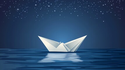 Obraz premium A single origami boat floats on a calm, dark blue sea with a starry sky overhead.