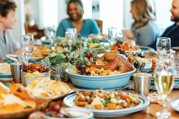Fototapeta premium Festive holiday dinner table with diverse group of friends, colorful dishes and decorations, joyful celebration atmosphere