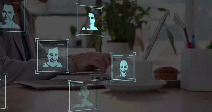 Facial recognition animation over person typing on laptop in office