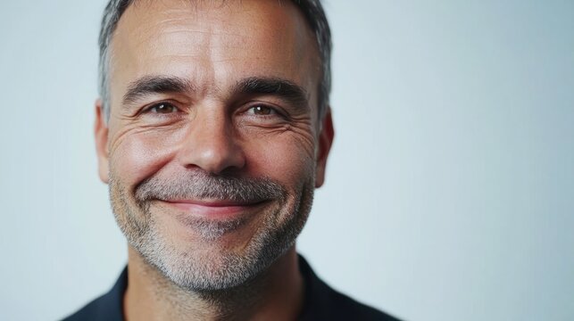 Gesch&Atilde;&curren;ftsmann vor wei&Atilde;em Hintergrund l&Atilde;&curren;chelt in die Kamera
