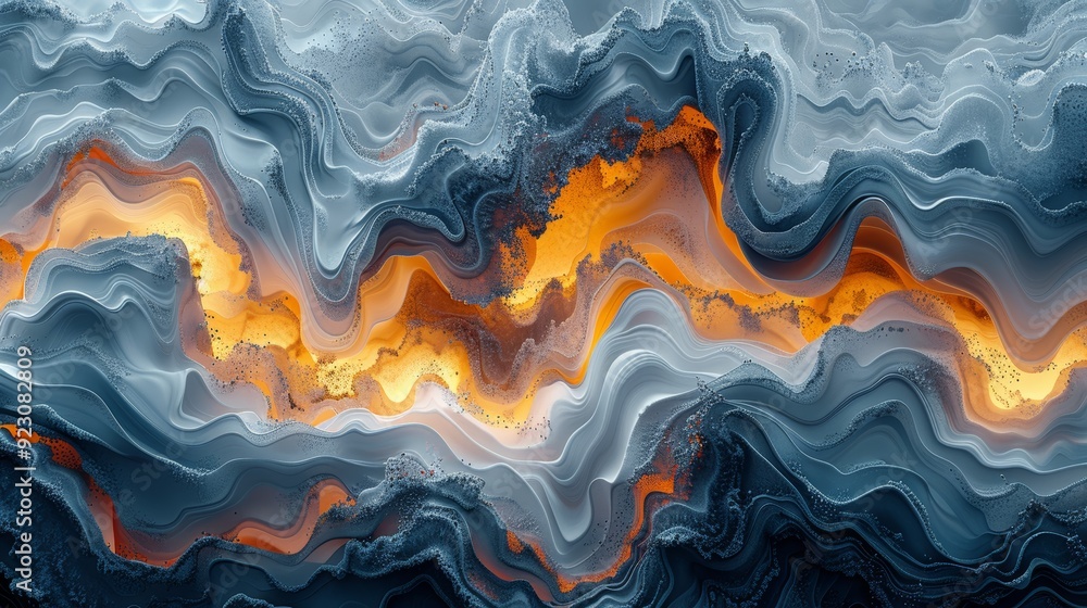 Poster abstract swirling patterns of blue and orange with a striking wave-like design in a flowing composit