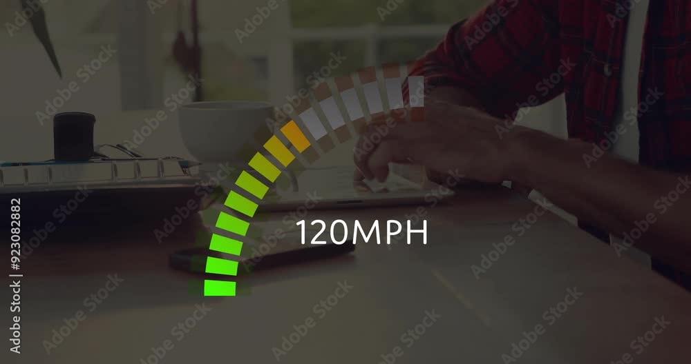 Poster speedometer animation showing 92mph over person using tablet at table