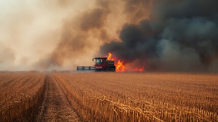 Obraz premium A burning combine harvester in a field of harvested crops with smoke billowing in the background.