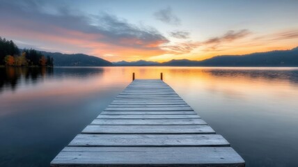 A tranquil lakeside sunset with a wooden pier, and the sky ablaze in orange, purple, and red shades reflected in calm waters.