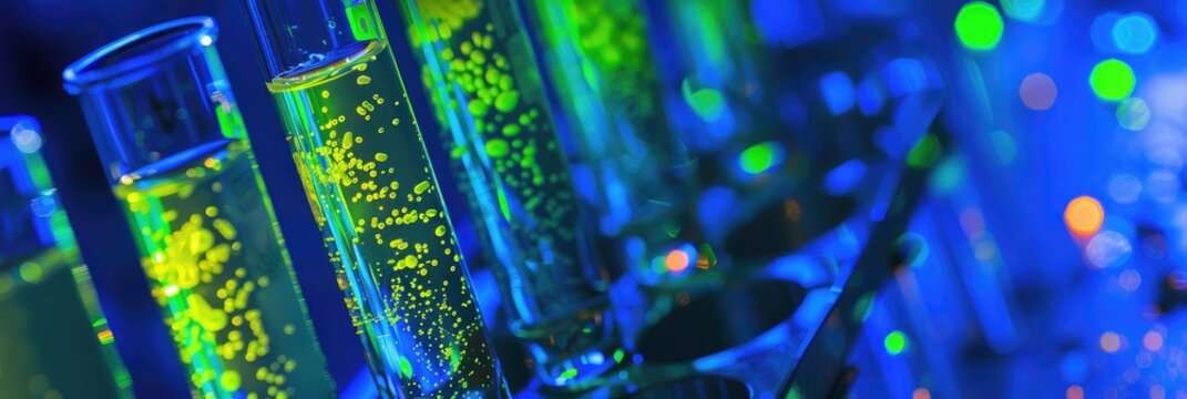 Bacterial cell pellets in Eppendorf tubes illuminated by blue light with E. coli expressing YFP, RFP, and GFP proteins.