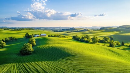 Naklejka premium An aerial panorama of a dairy farm with cows, milking barns, and pastures, emphasizing the serene rural setting.