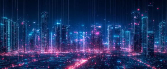 Fototapeta premium Futuristic cityscape with digital lines and data connections in the sky, wide-angle shot, city skyline at night with illuminated skyscrapers, futuristic technology concept, wide panorama. 