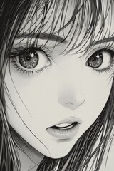 Brown-eyed Ruiva, her straight hair falling gracefully, captured in a close-up with a deep, intense look, in a richly detailed manga aesthetic.