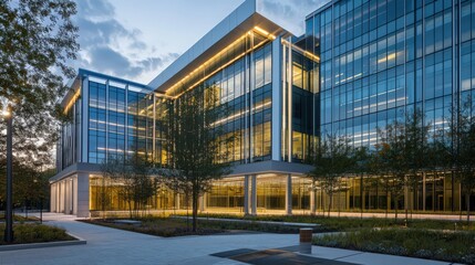 Obraz premium The modern design of a government office building featuring clean lines, glass panels,