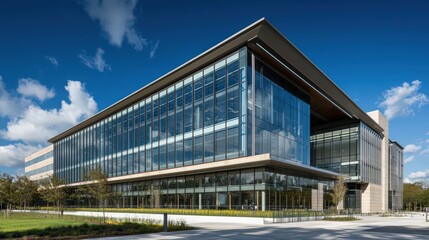 Fototapeta premium The modern design of a government office building featuring clean lines, glass panels,
