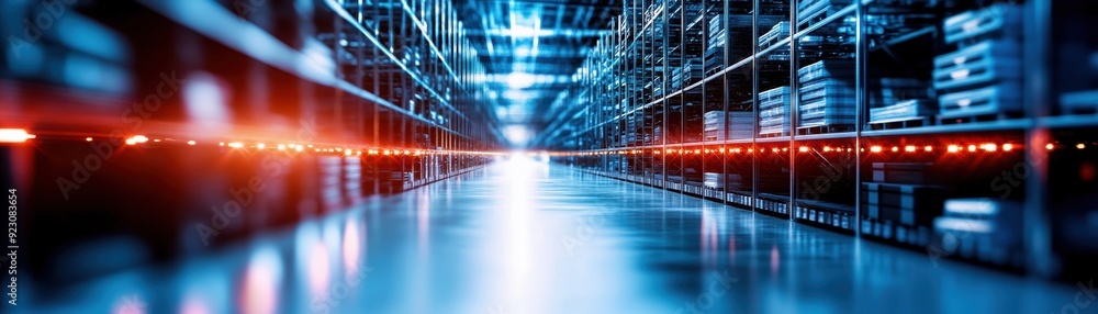 Poster advanced warehouse utilizing generative ai for seamless inventory and logistics management, futurist