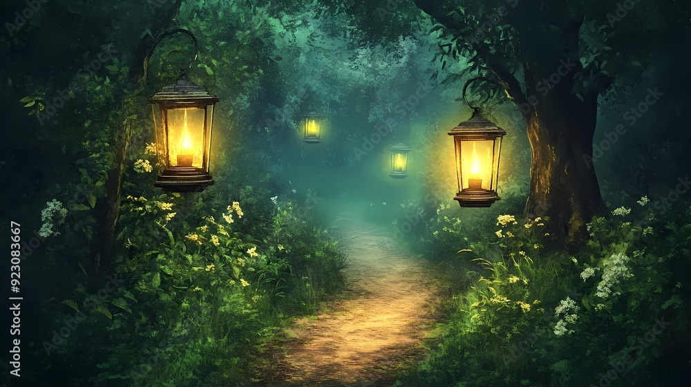 Poster a magical forest path illuminated by lanterns hanging from trees.