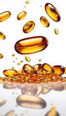 Product photography reality a Omega 3 pill capsules falling isolated on white background,