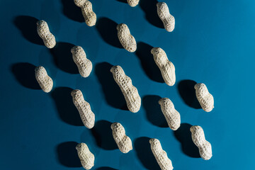 an arrangement of roasted peanuts photographed using the flat lay technique with balanced...